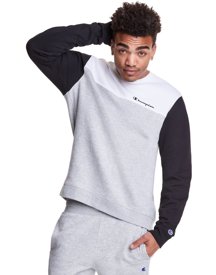 Champion Mens Sweatshirt NZ - Colorblock Fleece Crew Grey ( 5972-MAFJQ )